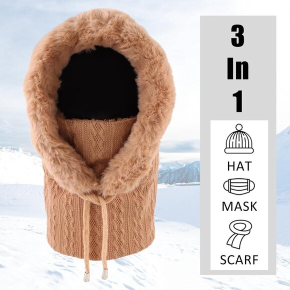 Women Khaki Polyester Warm Thick Fluff Beanie Adult Neck Face Winter Balaclava - Picture 4 of 7